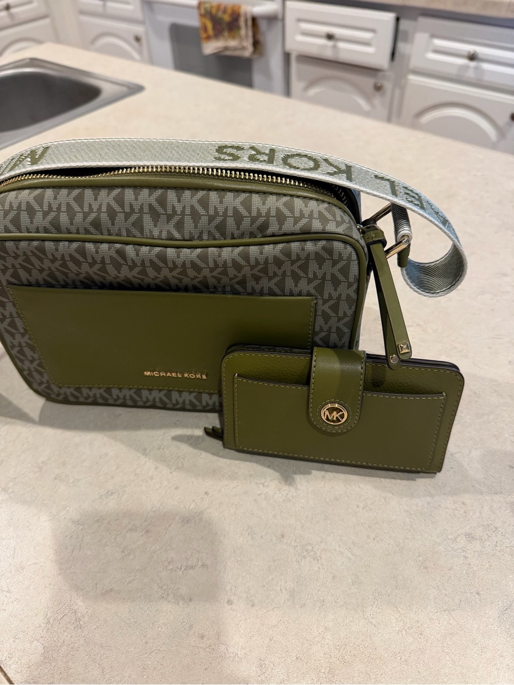 Michael Kors Olive Green MK Logo Crossbody with Wallet and Signature Strap